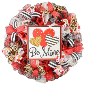 Valentines Wreath - Cheetah Heart Valentine's Day Decor - Be Mine Valentines Mesh Door Wreath - Floral Decor - Red Pink White Green