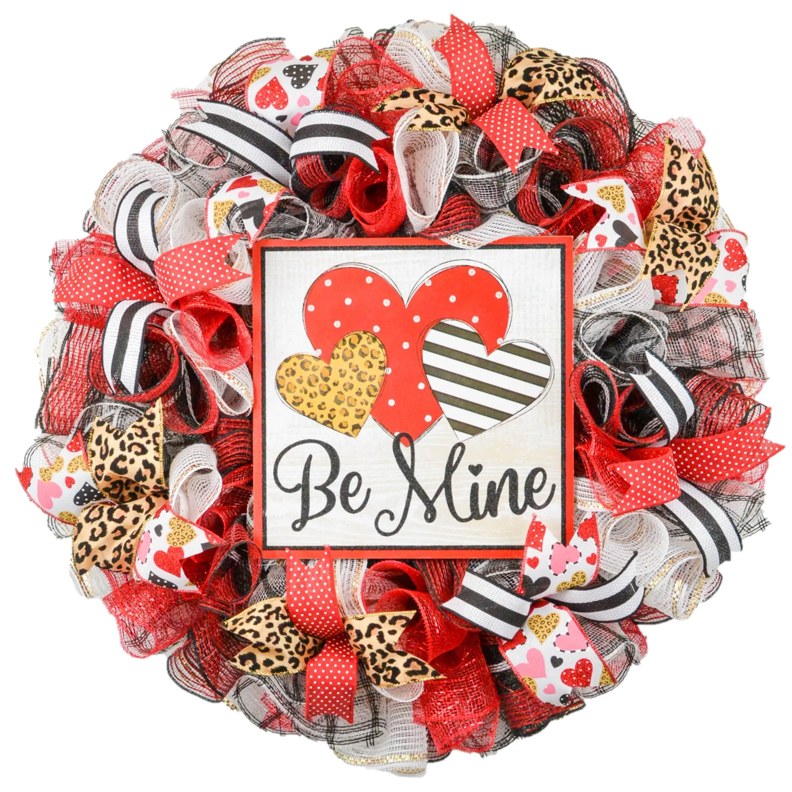 Valentines Wreath - Cheetah Heart Valentine's Day Decor - Be Mine Valentines Mesh Door Wreath - Floral Decor - Red Pink White Green